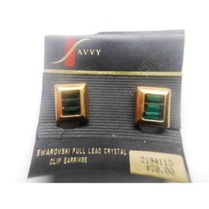 Vintage Swarovski Savvy Collection Gold Dark Green Crystal Clip-on Earrings